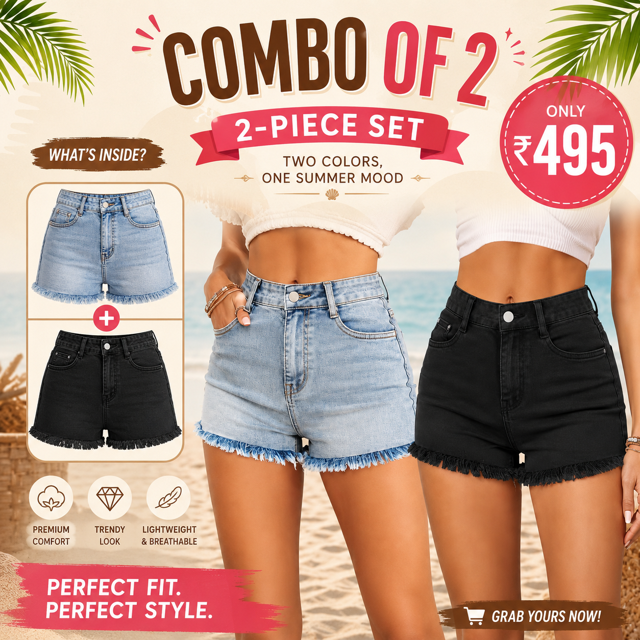 Buttlift Denim Shorts Blue and Black (Pack of 2) SKU-103