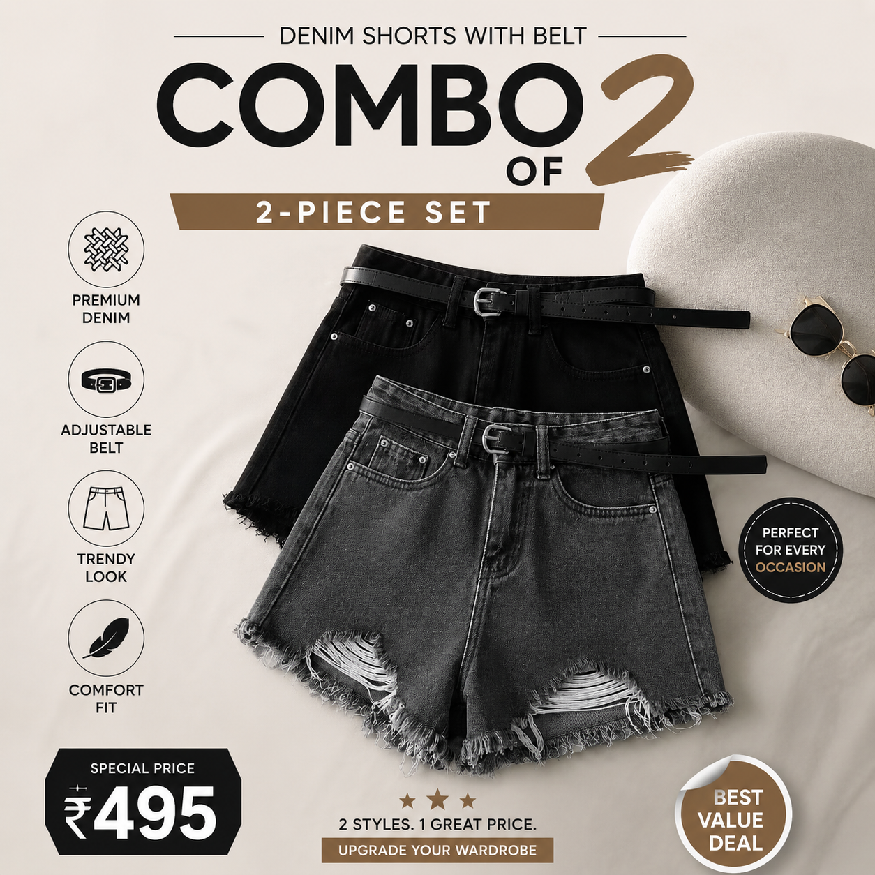 Buttlift Denim Shorts Black and Grey (Pack of 2) SKU-117