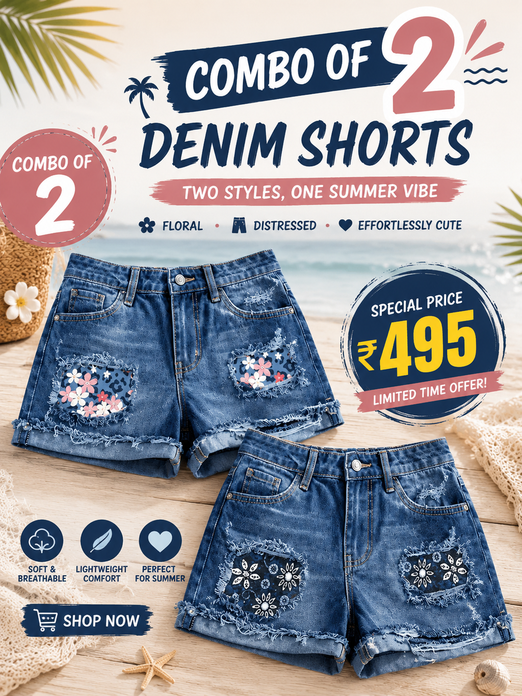 Buttlift Denim Shorts Blue (Pack of 2) SKU-101