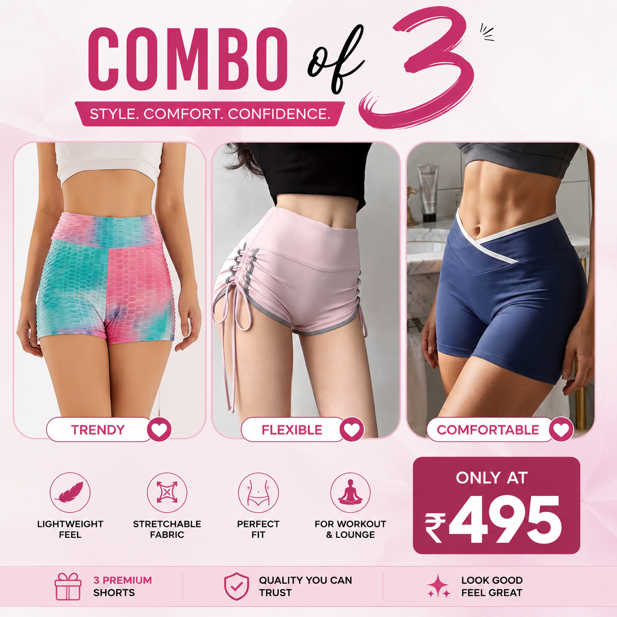 Buttlift Women athleisure shorts (Pack of 3) SKU-1029