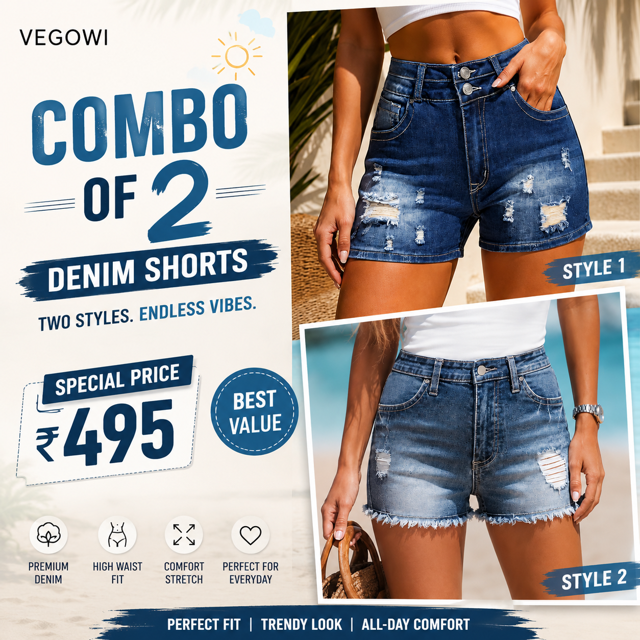 Buttlift Denim Shorts Blue (Pack of 2) SKU-121