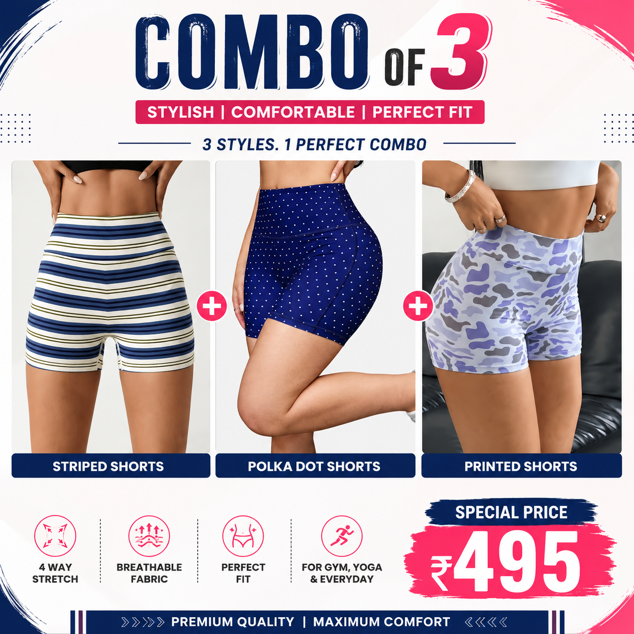 Buttlift Women athleisure shorts (Pack of 3) SKU-1026