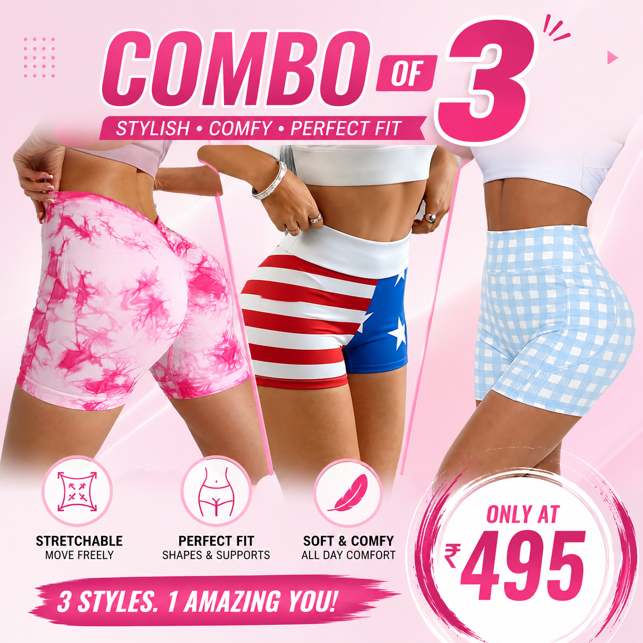 Buttlift Women athleisure shorts (Pack of 3) SKU-1022