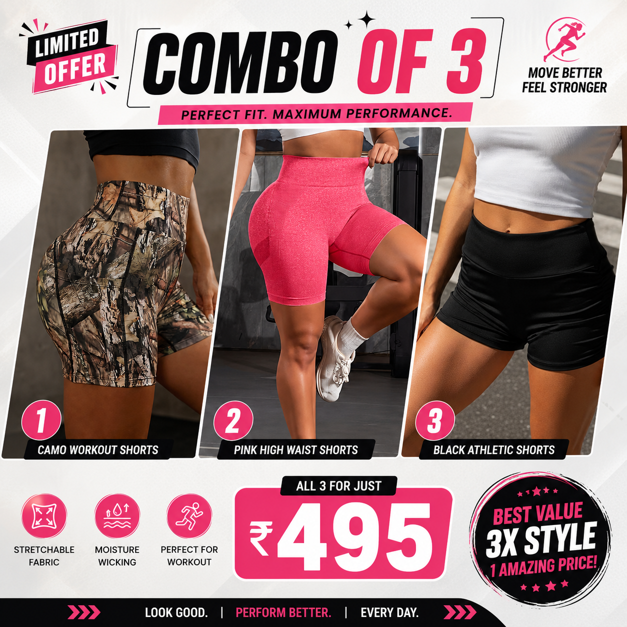 Buttlift Women athleisure shorts (Pack of 3) SKU-1015