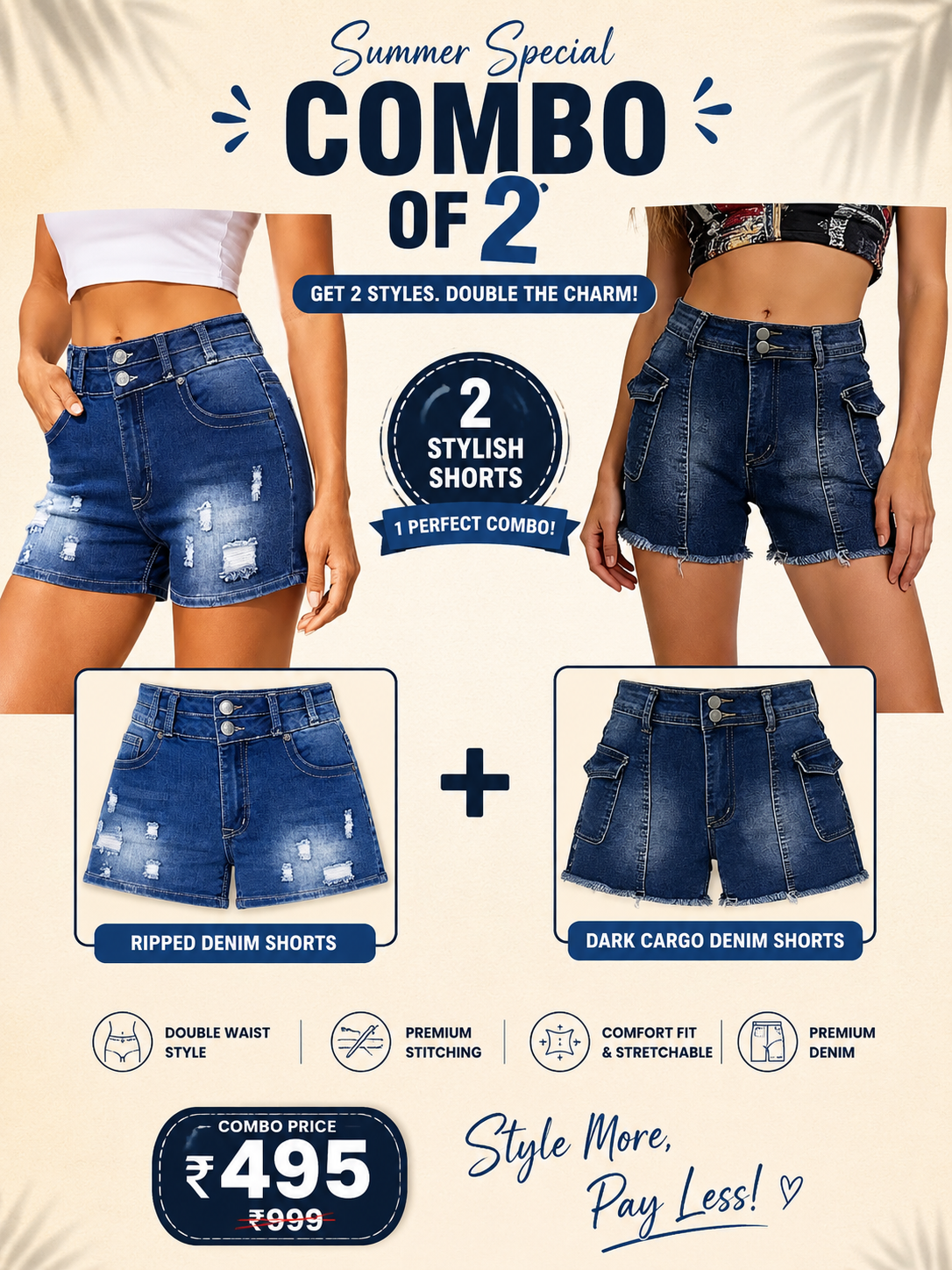 Buttlift Denim Shorts Blue (Pack of 2) SKU-118