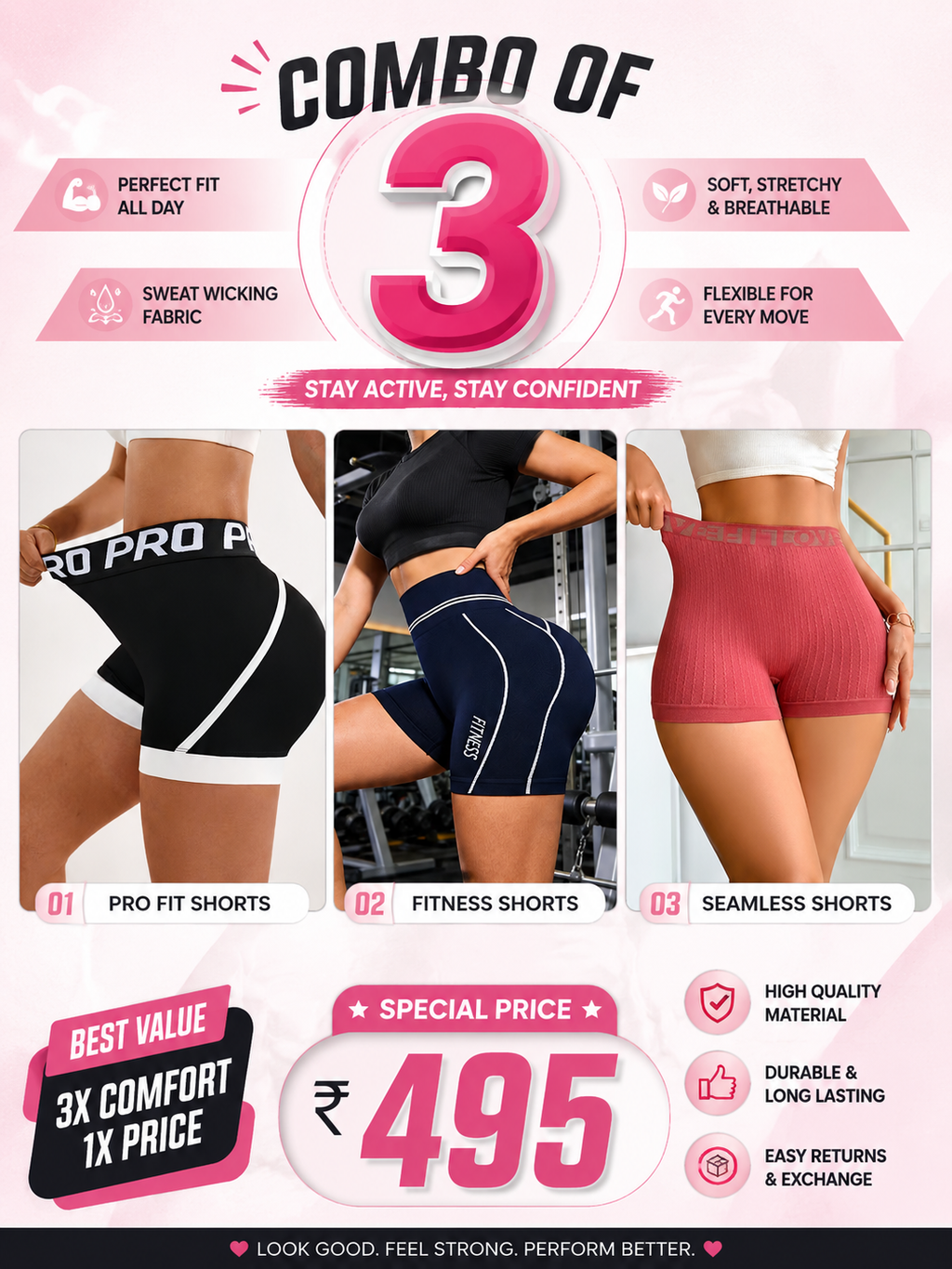 Buttlift Women athleisure shorts (Pack of 3) SKU-1012