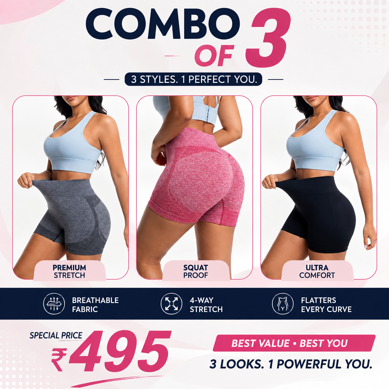 Buttlift Women athleisure shorts (Pack of 3) SKU-1006