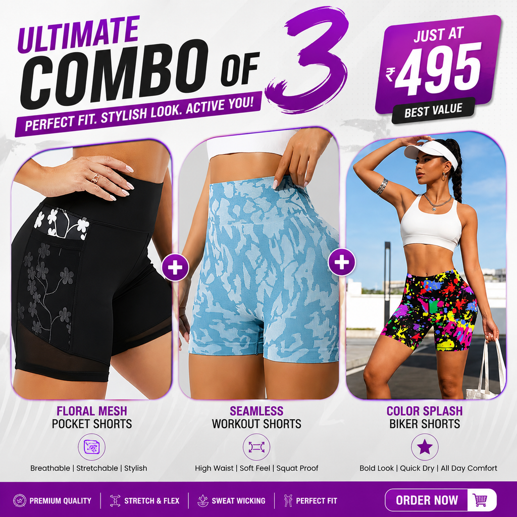 Buttlift Women athleisure shorts (Pack of 3) SKU-1019