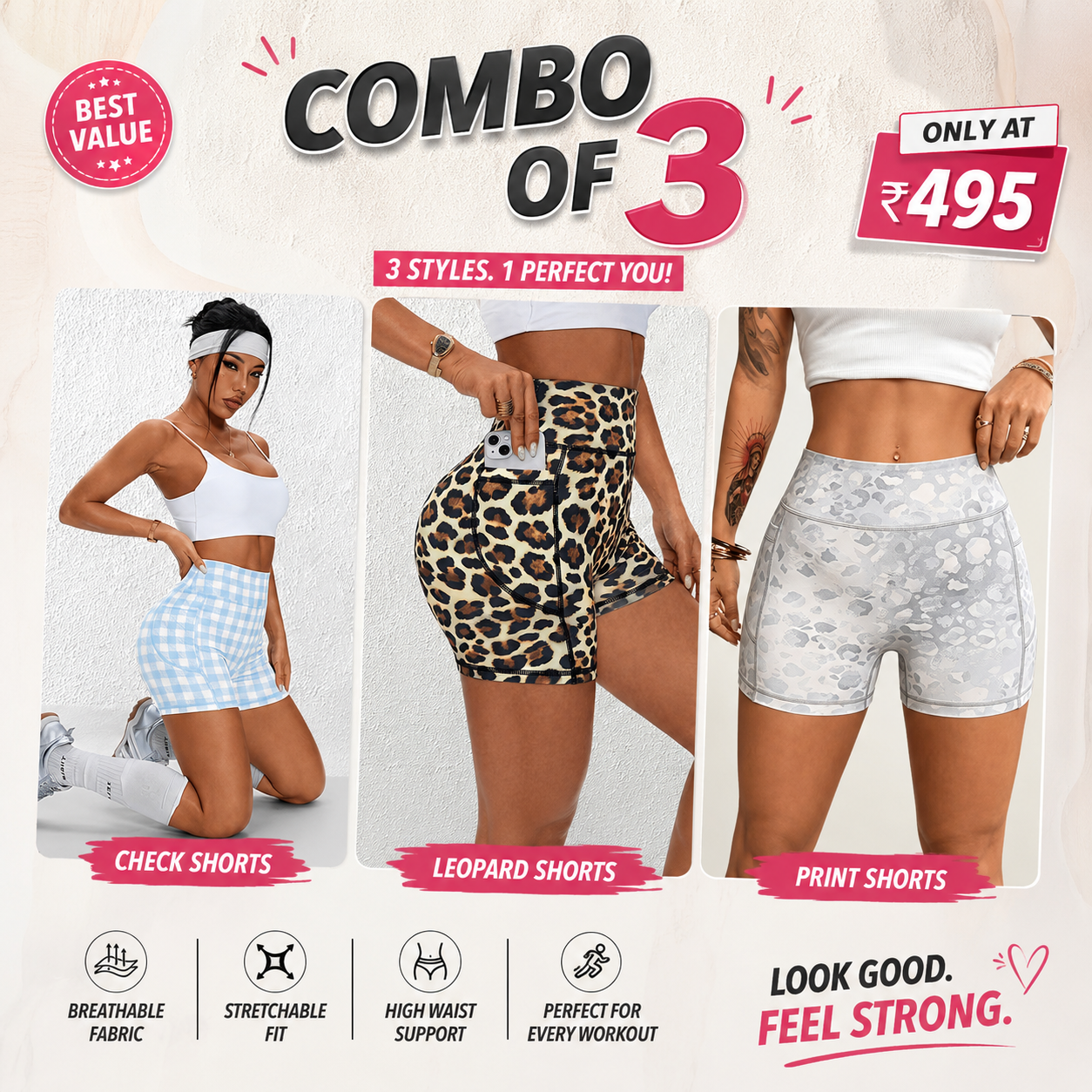 Buttlift Women athleisure shorts (Pack of 3) SKU-1031