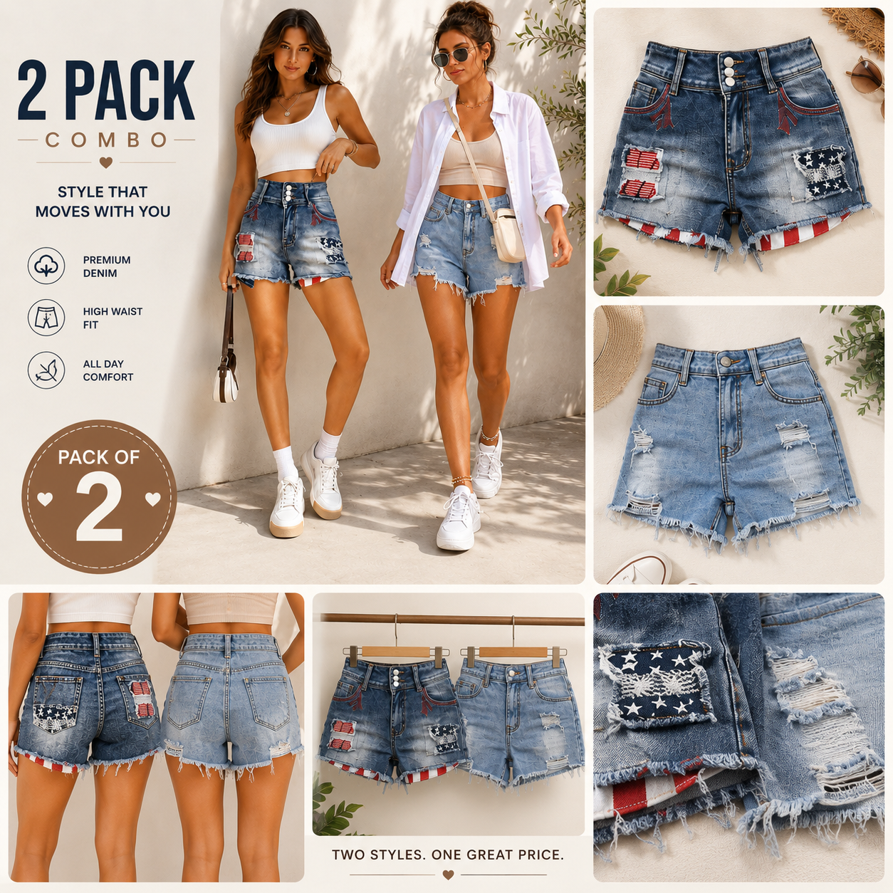Buttlift Denim Shorts Blue (Pack of 2) SKU-123