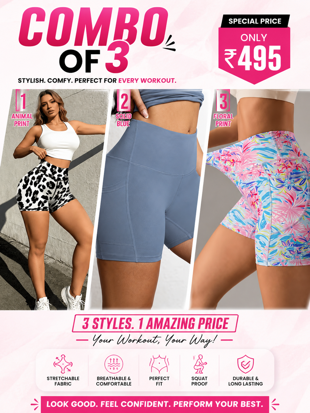 Buttlift Women athleisure shorts (Pack of 3) SKU-1035