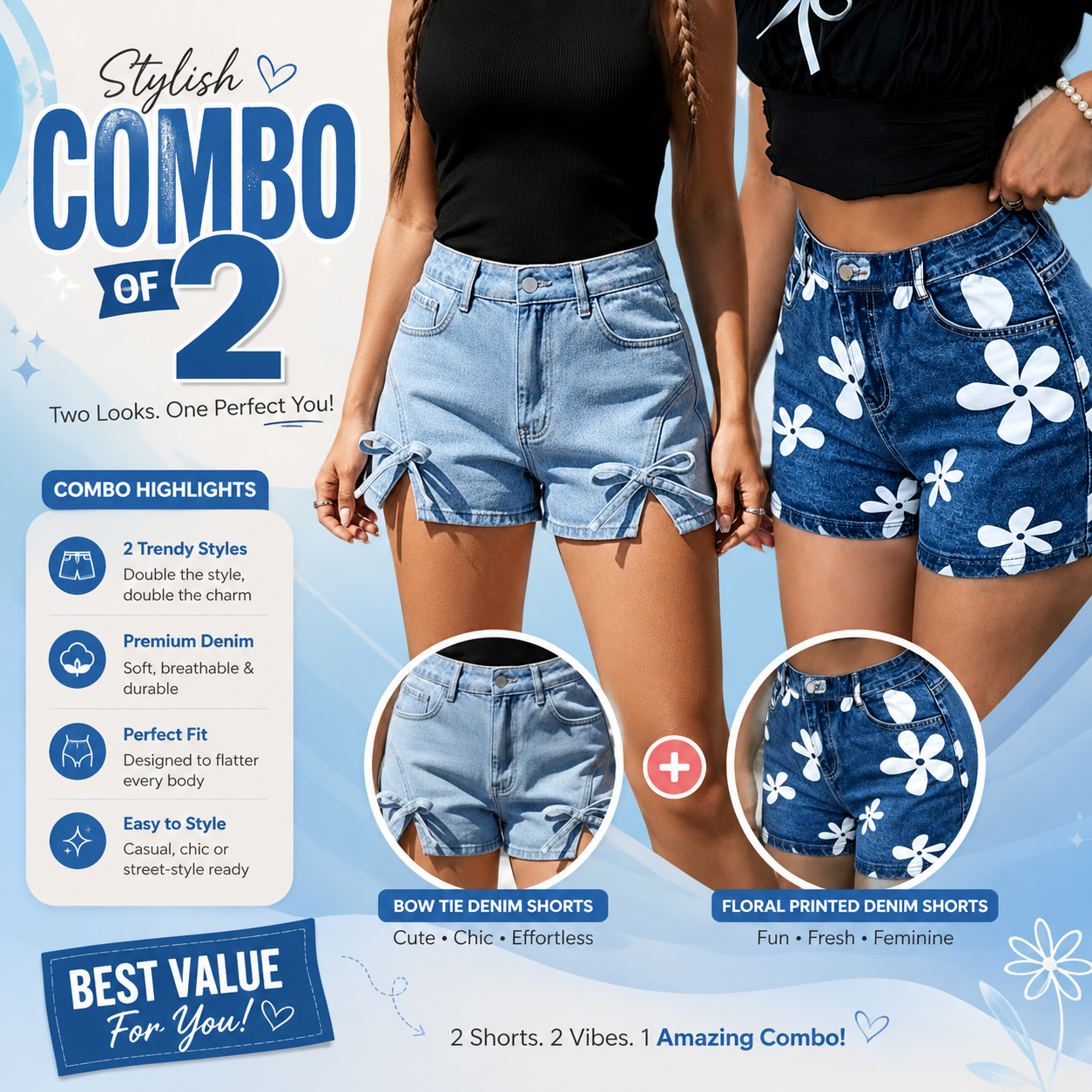 Buttlift Denim Shorts Blue (Pack of 2) SKU-109