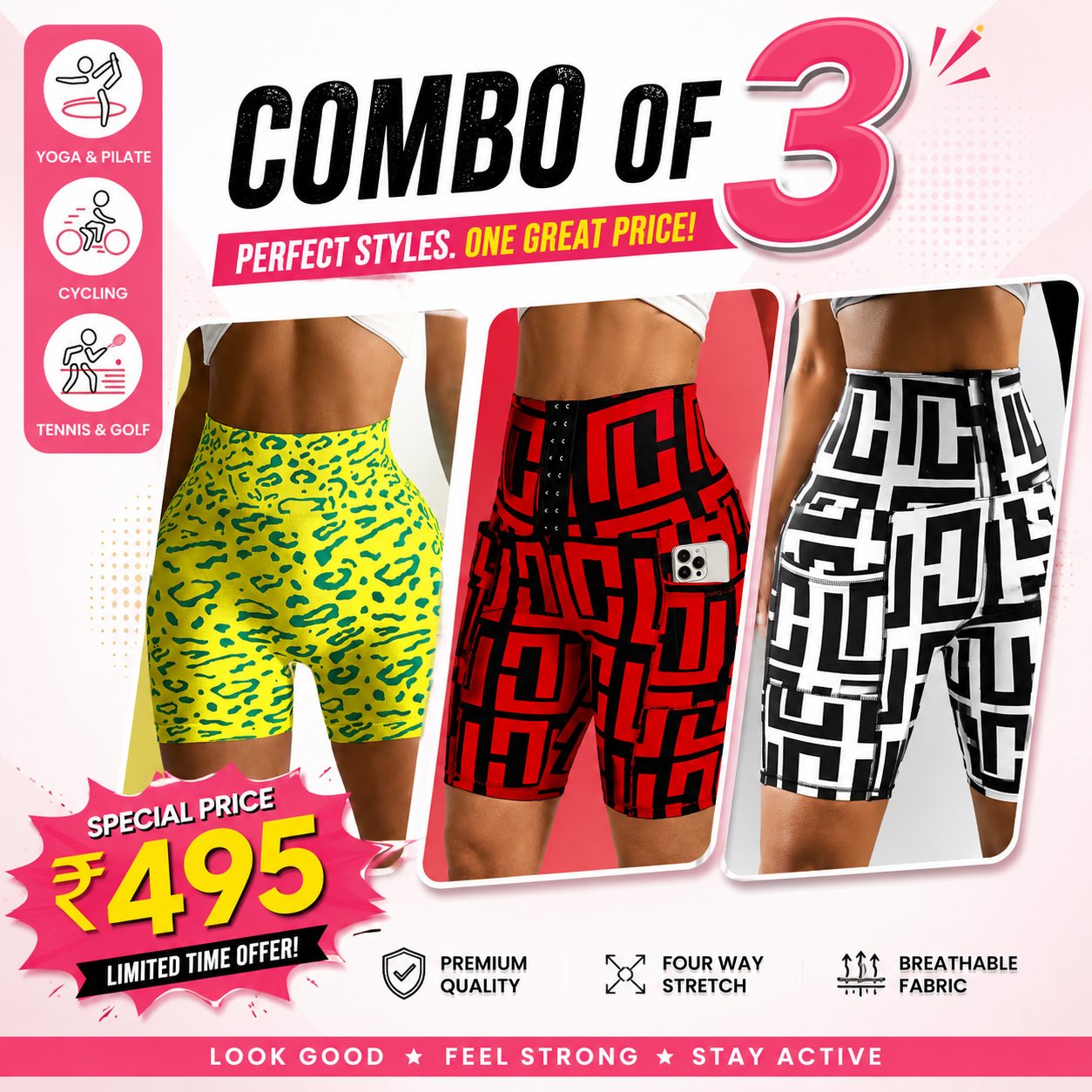 Buttlift Women athleisure shorts (Pack of 3) SKU-1011