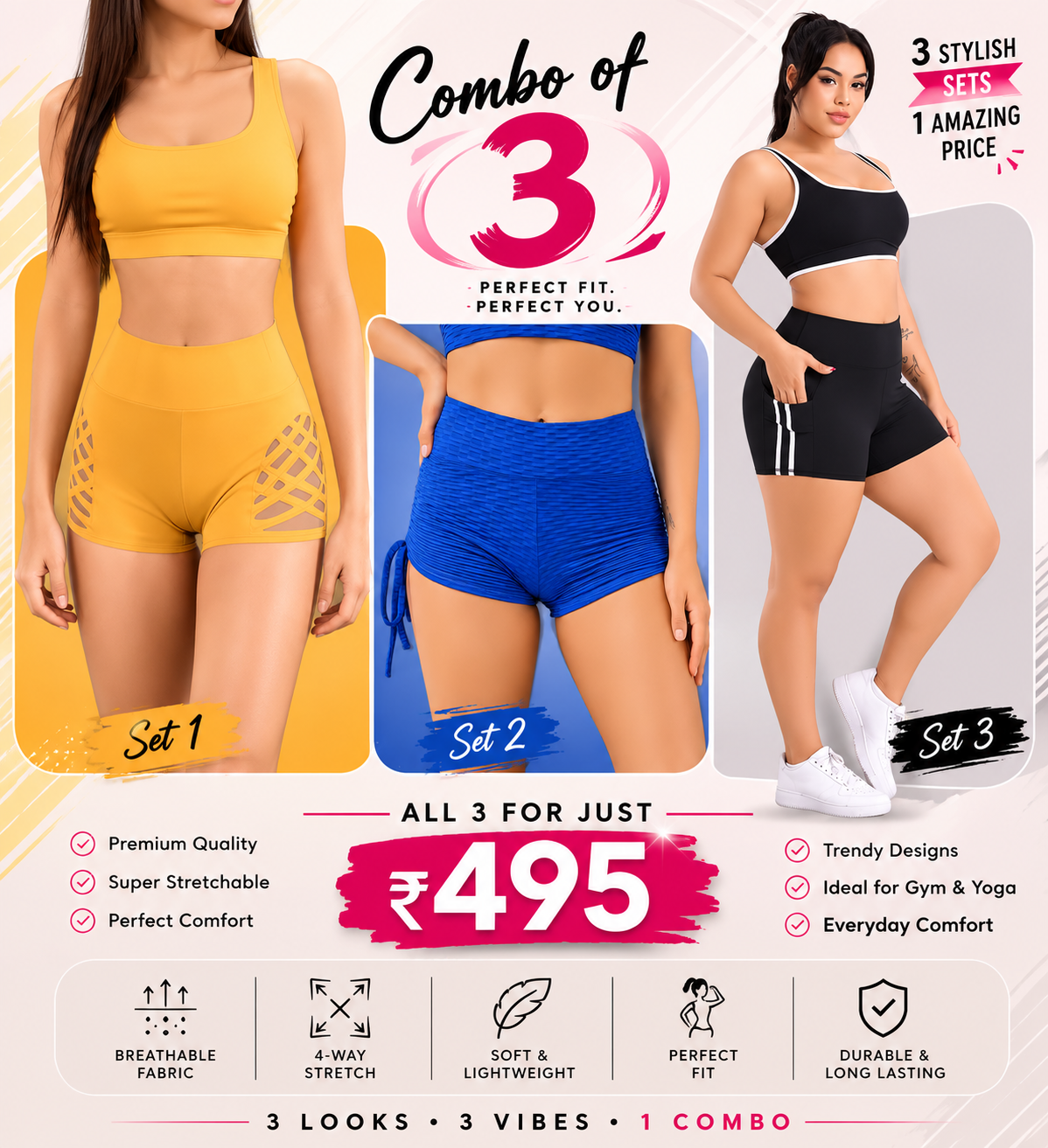 Buttlift Women athleisure shorts (Pack of 3) SKU-1030