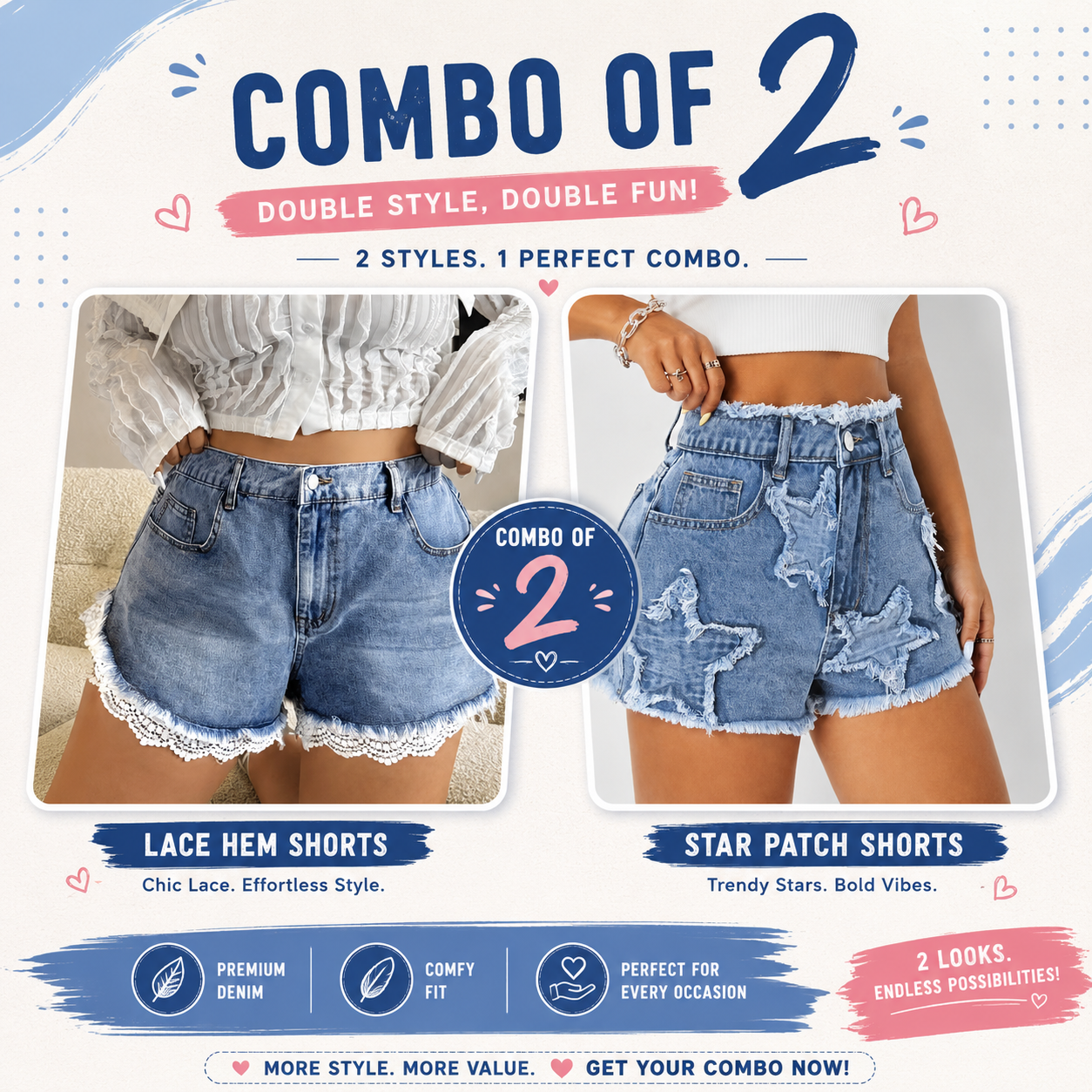 Buttlift Denim Shorts Blue (Pack of 2) SKU-111