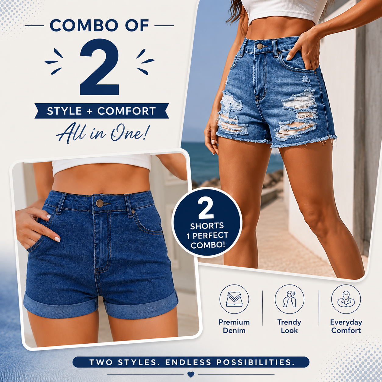 Buttlift Denim Shorts Blue (Pack of 2) SKU-113